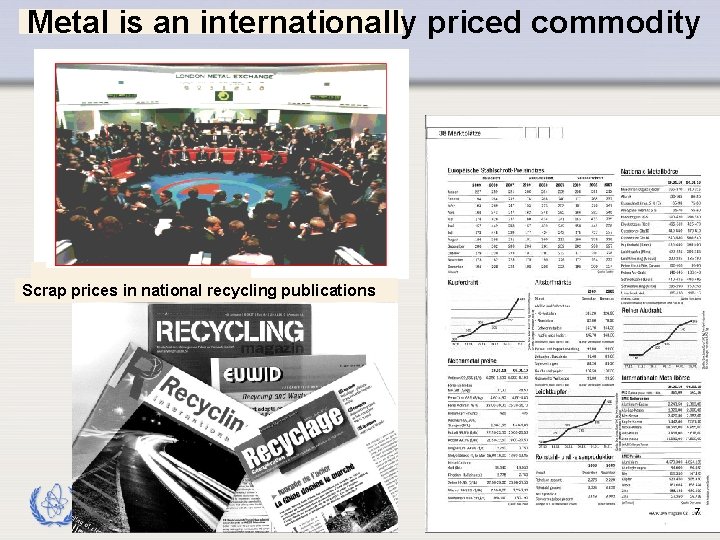 Metal is an internationally priced commodity Scrap prices in national recycling publications IAEA 7