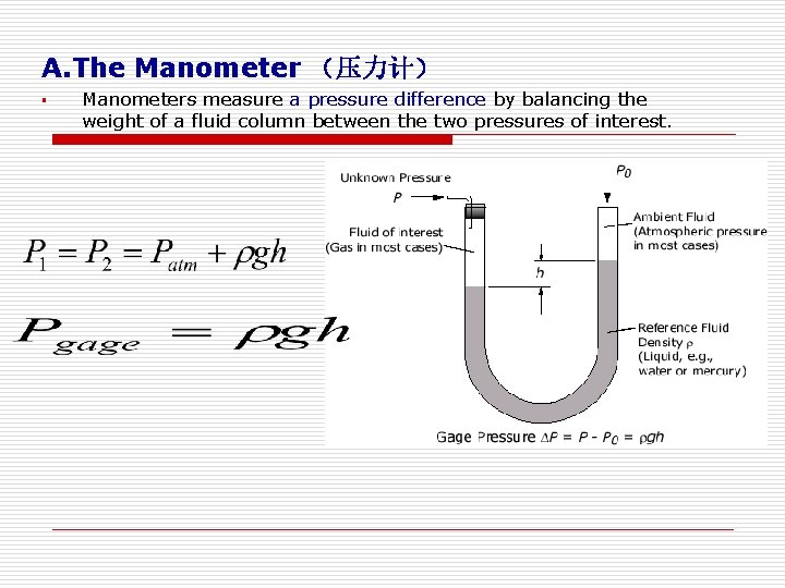 A. The Manometer （压力计） § Manometers measure a pressure difference by balancing the weight