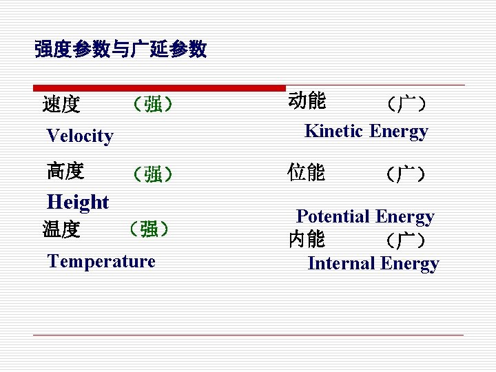 强度参数与广延参数 速度 （强） 动能 （强） 位能 Velocity 高度 Height 温度 （强） Temperature （广） Kinetic