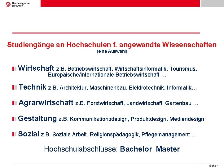 Studiengänge an Hochschulen f. angewandte Wissenschaften (eine Auswahl) Wirtschaft z. B. Betriebswirtschaft, Wirtschaftsinformatik, Tourismus,