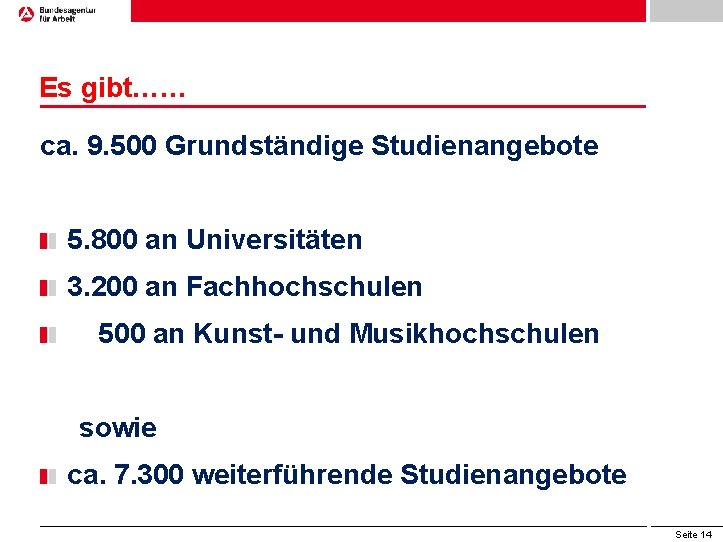 Es gibt…… ca. 9. 500 Grundständige Studienangebote 5. 800 an Universitäten 3. 200 an