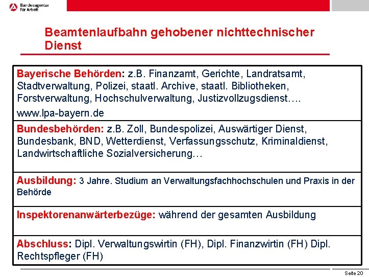 Beamtenlaufbahn gehobener nichttechnischer Dienst Bayerische Behörden: z. B. Finanzamt, Gerichte, Landratsamt, Stadtverwaltung, Polizei, staatl.