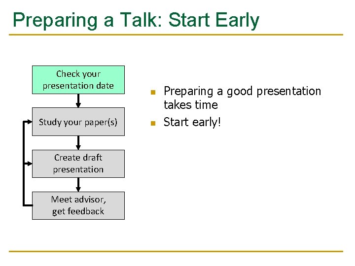 Preparing a Talk: Start Early Check your presentation date Study your paper(s) Create draft
