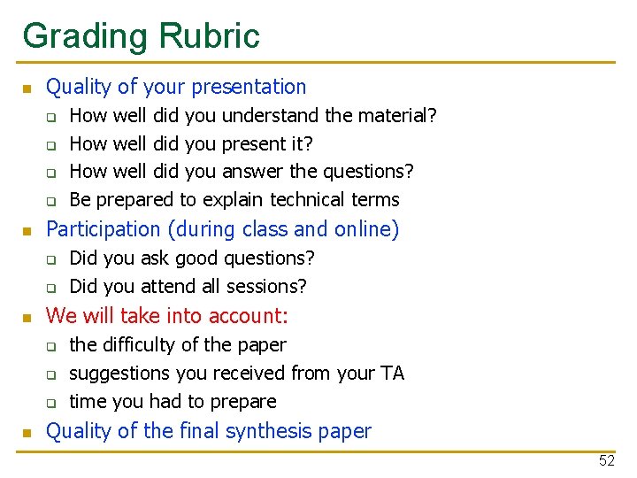 Grading Rubric n Quality of your presentation q q n Participation (during class and