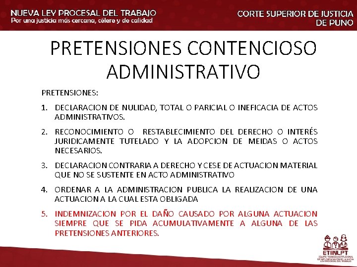 PRETENSIONES CONTENCIOSO ADMINISTRATIVO PRETENSIONES: 1. DECLARACION DE NULIDAD, TOTAL O PARICIAL O INEFICACIA DE