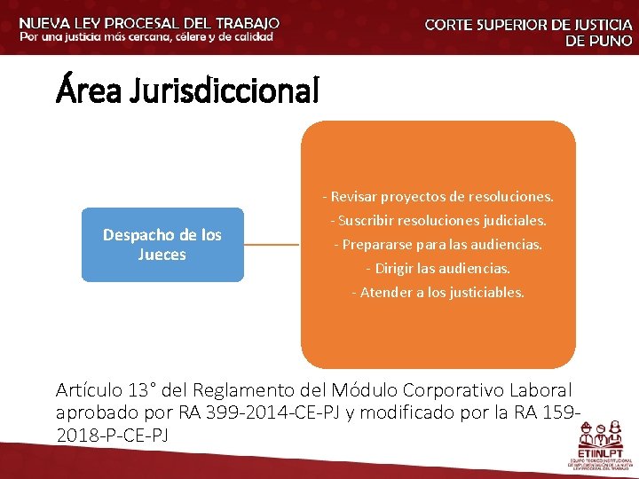 Área Jurisdiccional Despacho de los Jueces - Revisar proyectos de resoluciones. - Suscribir resoluciones