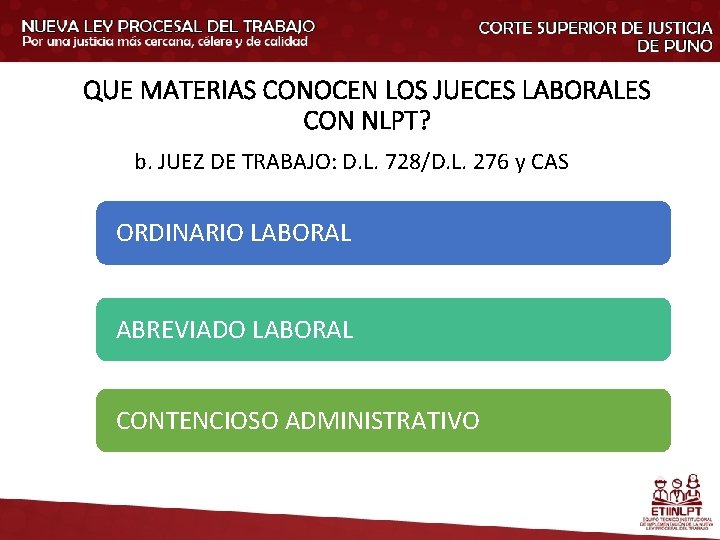 QUE MATERIAS CONOCEN LOS JUECES LABORALES CON NLPT? b. JUEZ DE TRABAJO: D. L.