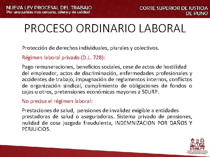 PROCESO ORDINARIO LABORAL Protección de derechos individuales, plurales y colectivos. Régimen laboral privado (D.