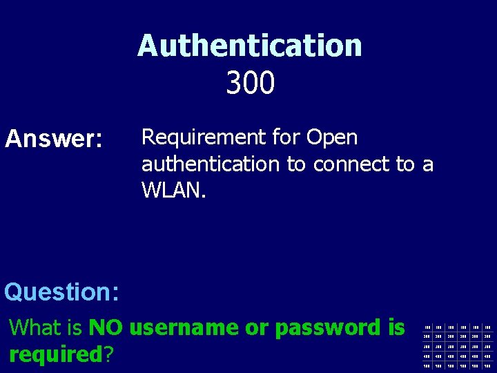 Authentication 300 Answer: Requirement for Open authentication to connect to a WLAN. Question: What