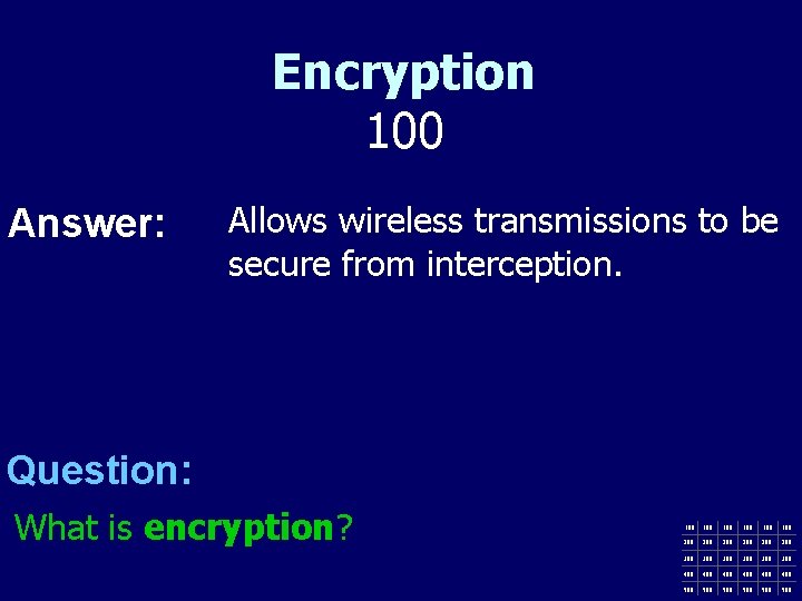 Encryption 100 Answer: Allows wireless transmissions to be secure from interception. Question: What is