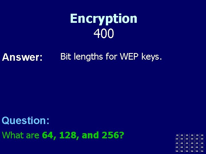 Encryption 400 Answer: Bit lengths for WEP keys. Question: What are 64, 128, and