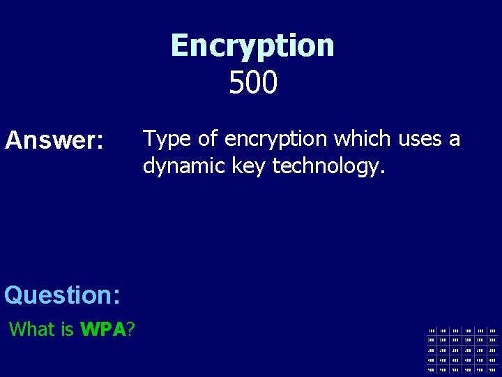 Encryption 500 Answer: Type of encryption which uses a dynamic key technology. Question: What