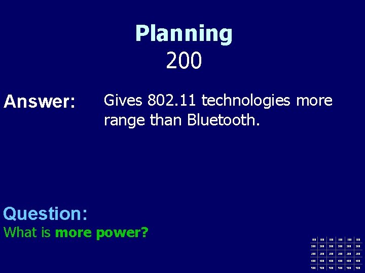 Planning 200 Answer: Gives 802. 11 technologies more range than Bluetooth. Question: What is