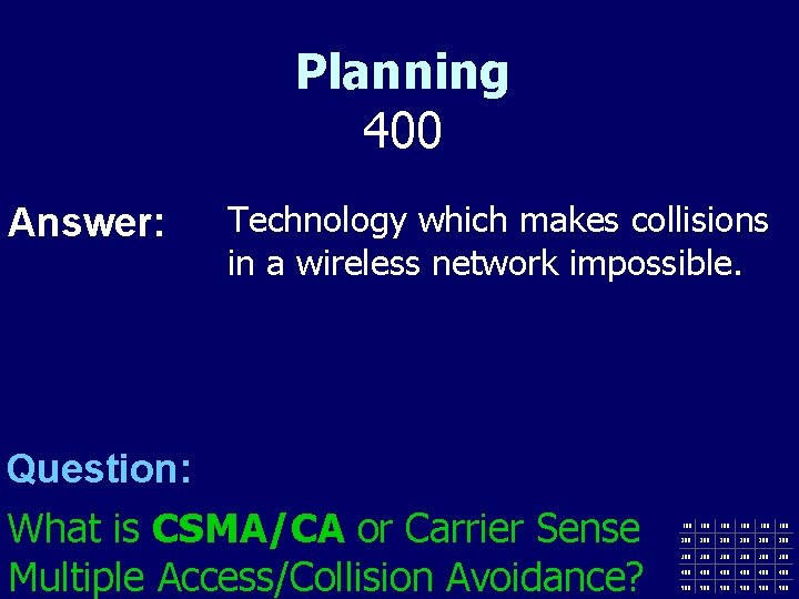 Planning 400 Answer: Technology which makes collisions in a wireless network impossible. Question: What