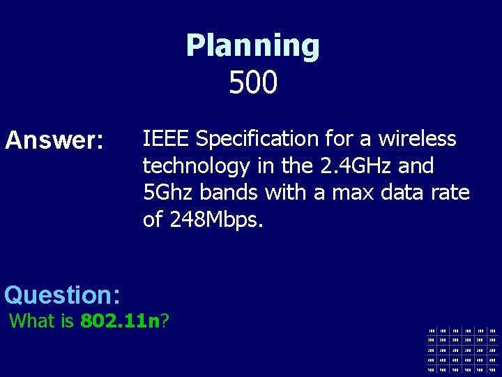 Planning 500 Answer: IEEE Specification for a wireless technology in the 2. 4 GHz