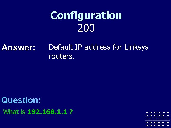 Configuration 200 Answer: Default IP address for Linksys routers. Question: What is 192. 168.