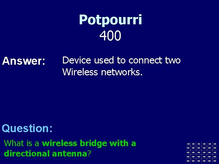 Potpourri 400 Answer: Device used to connect two Wireless networks. Question: What is a