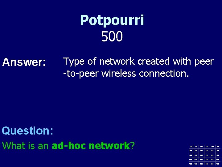 Potpourri 500 Answer: Type of network created with peer -to-peer wireless connection. Question: What