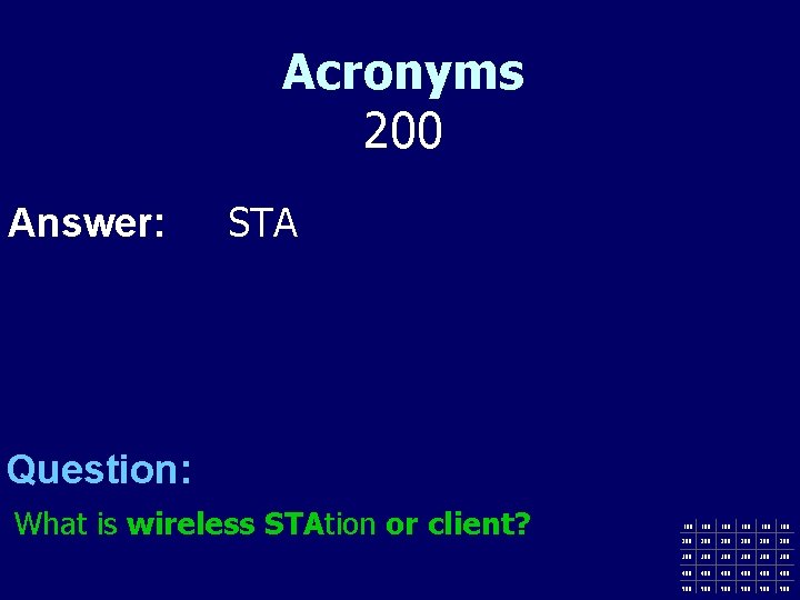 Acronyms 200 Answer: STA Question: What is wireless STAtion or client? 100 100 100