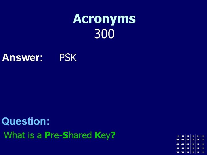 Acronyms 300 Answer: PSK Question: What is a Pre-Shared Key? 100 100 100 200