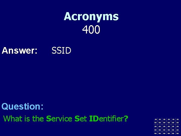 Acronyms 400 Answer: SSID Question: What is the Service Set IDentifier? 100 100 100