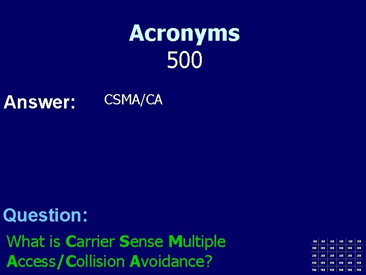 Acronyms 500 Answer: CSMA/CA Question: What is Carrier Sense Multiple Access/Collision Avoidance? 100 100