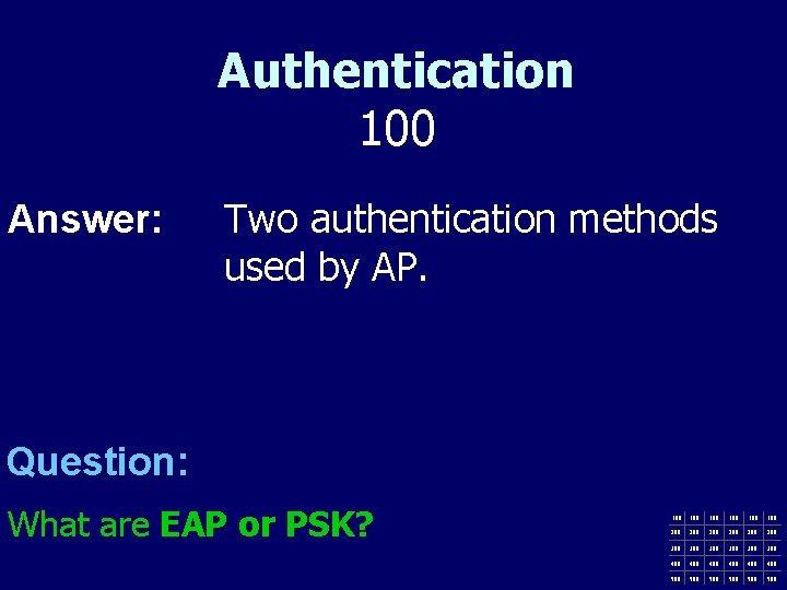 Authentication 100 Answer: Two authentication methods used by AP. Question: What are EAP or