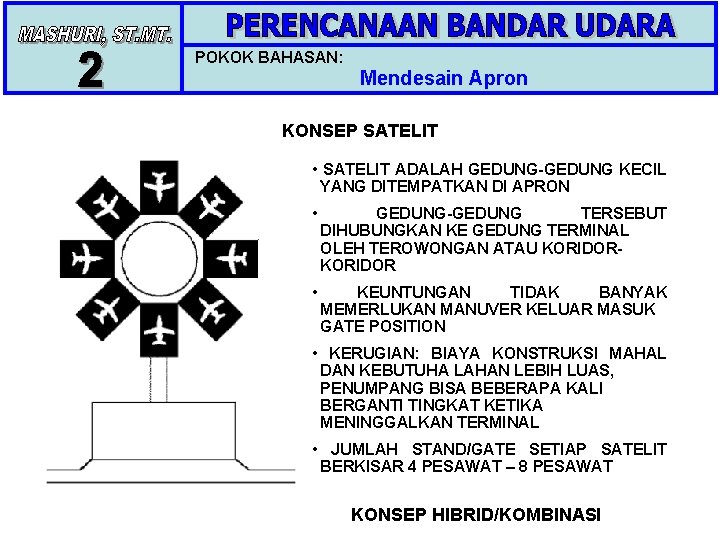 POKOK BAHASAN: Mendesain Apron KONSEP SATELIT • SATELIT ADALAH GEDUNG-GEDUNG KECIL YANG DITEMPATKAN DI