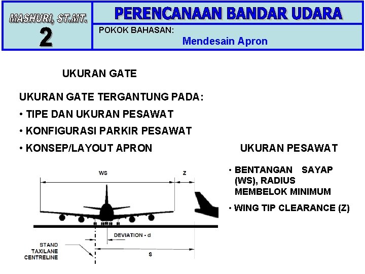 POKOK BAHASAN: Mendesain Apron UKURAN GATE TERGANTUNG PADA: • TIPE DAN UKURAN PESAWAT •