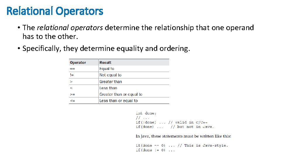Relational Operators • The relational operators determine the relationship that one operand has to