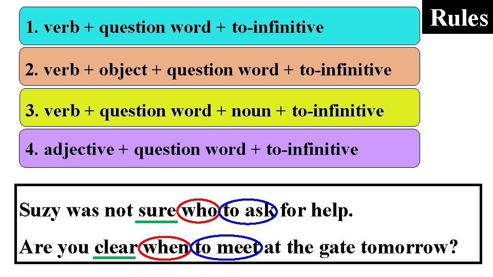 1. verb + question word + to-infinitive Rules 2. verb + object + question 1. verb + question word + to-infinitive Rules 2. verb + object + question