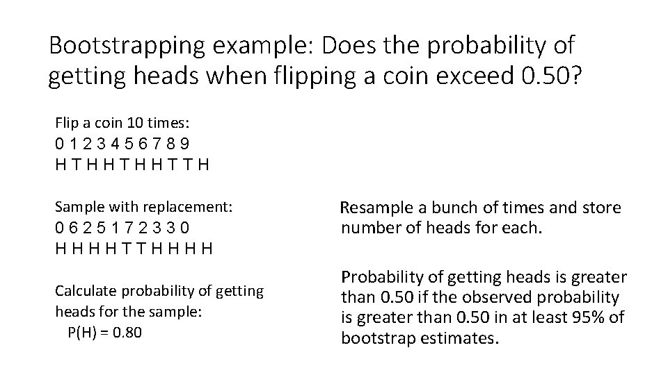 Bootstrapping example: Does the probability of getting heads when flipping a coin exceed 0.