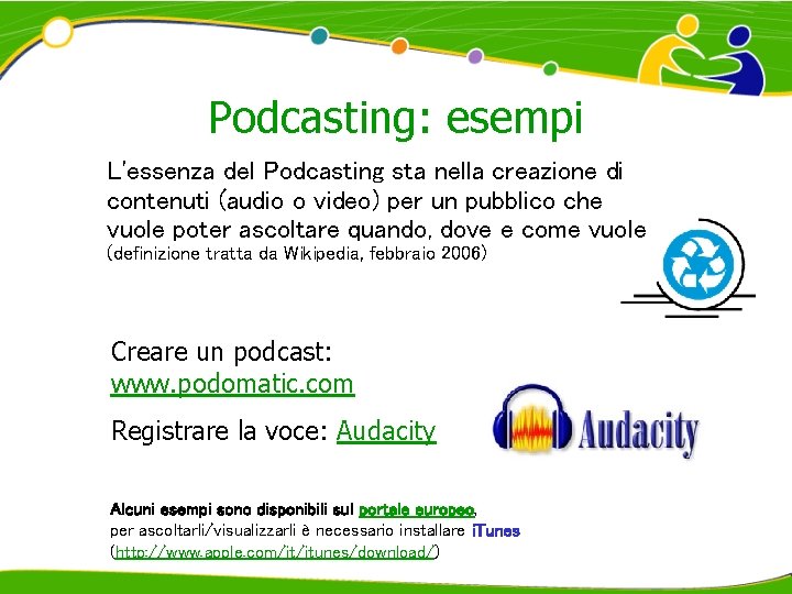 Podcasting: esempi L'essenza del Podcasting sta nella creazione di contenuti (audio o video) per