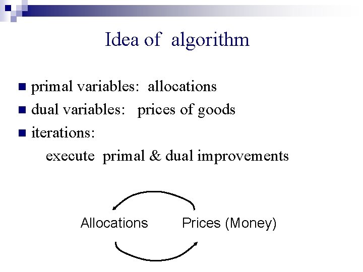 Idea of algorithm primal variables: allocations n dual variables: prices of goods n iterations: