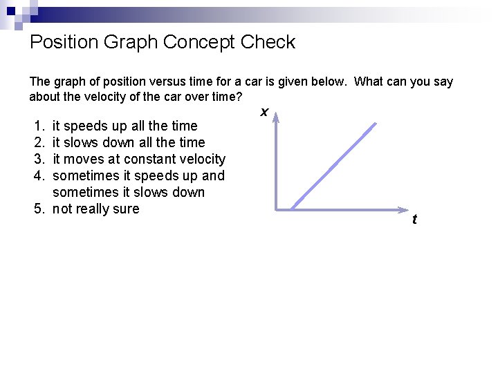 Position Graph Concept Check The graph of position versus time for a car is