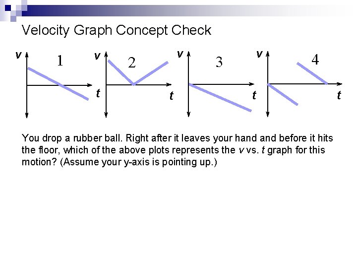 Velocity Graph Concept Check v 1 v t v 2 t v 3 4
