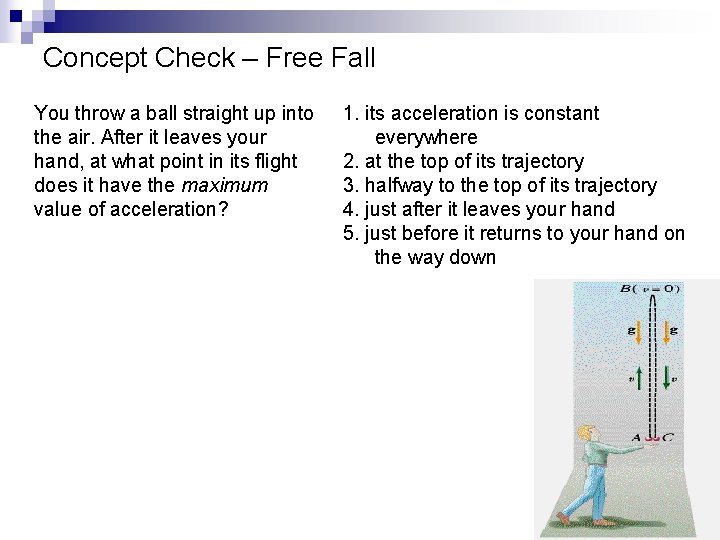 Concept Check – Free Fall You throw a ball straight up into the air.