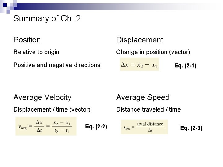 Summary of Ch. 2 Position Displacement Relative to origin Change in position (vector) Positive