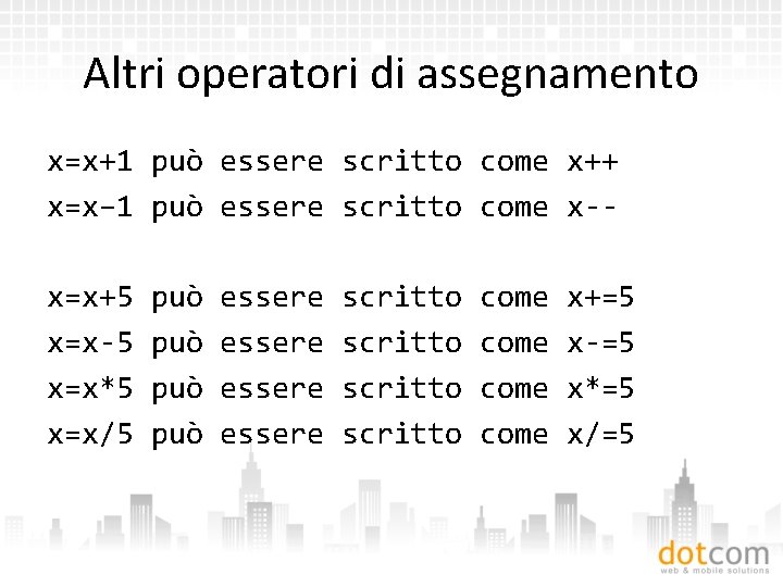 Altri operatori di assegnamento x=x+1 può essere scritto come x++ x=x– 1 può essere