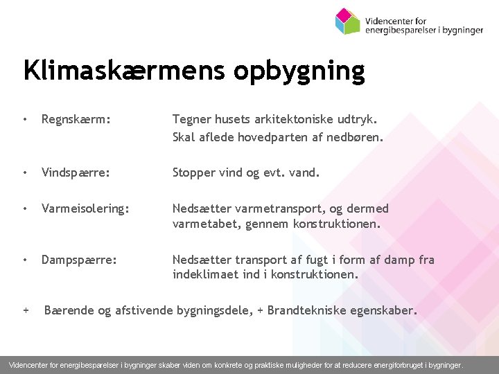 Klimaskærmens opbygning • Regnskærm: Tegner husets arkitektoniske udtryk. Skal aflede hovedparten af nedbøren. •