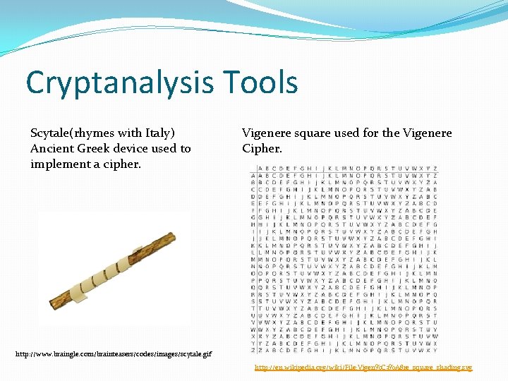 Cryptanalysis Tools Scytale(rhymes with Italy) Ancient Greek device used to implement a cipher. Vigenere