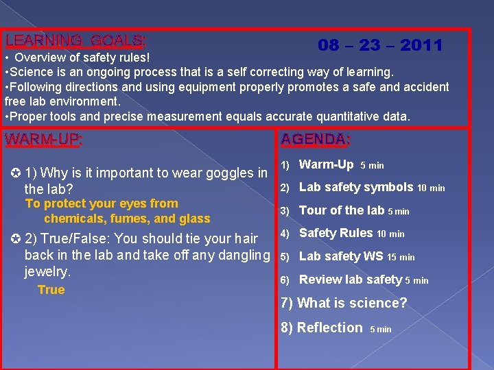 LEARNING GOALS: 08 – 23 – 2011 • Overview of safety rules! • Science