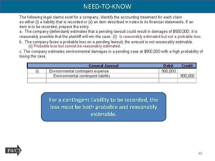 NEED-TO-KNOW The following legal claims exist for a company. Identify the accounting treatment for