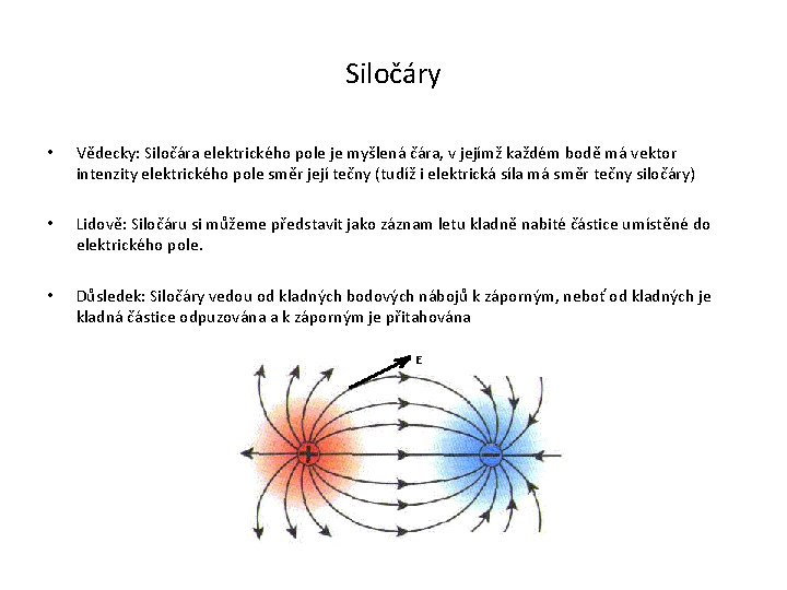 Siločáry • Vědecky: Siločára elektrického pole je myšlená čára, v jejímž každém bodě má