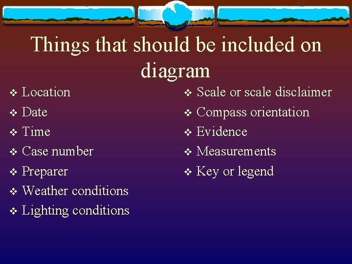 Things that should be included on diagram Location v Date v Time v Case