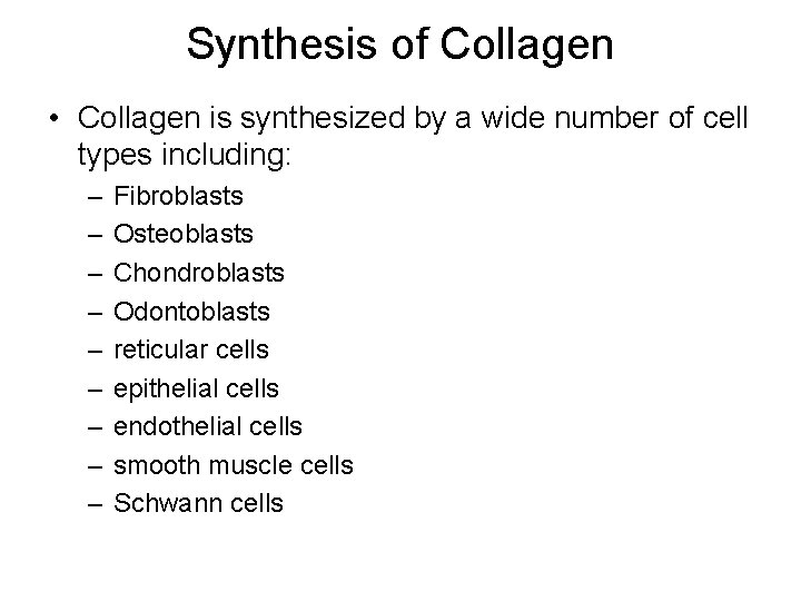 Synthesis of Collagen • Collagen is synthesized by a wide number of cell types