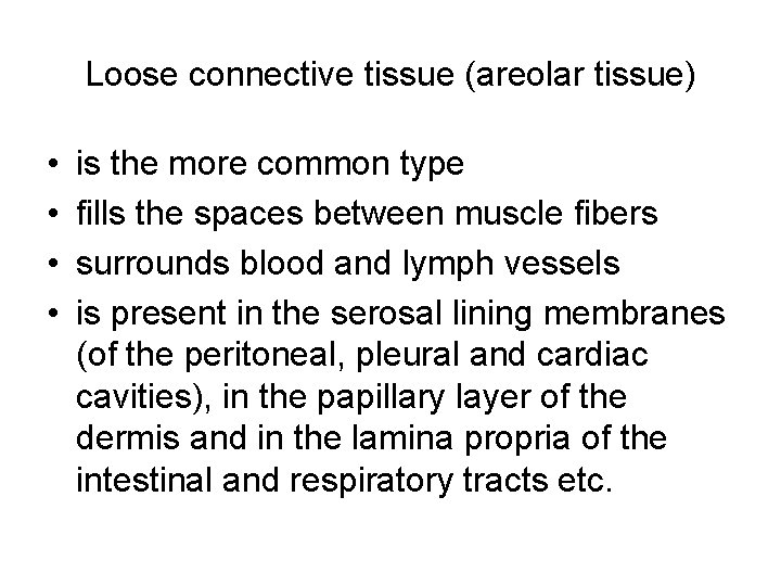 Loose connective tissue (areolar tissue) • • is the more common type fills the