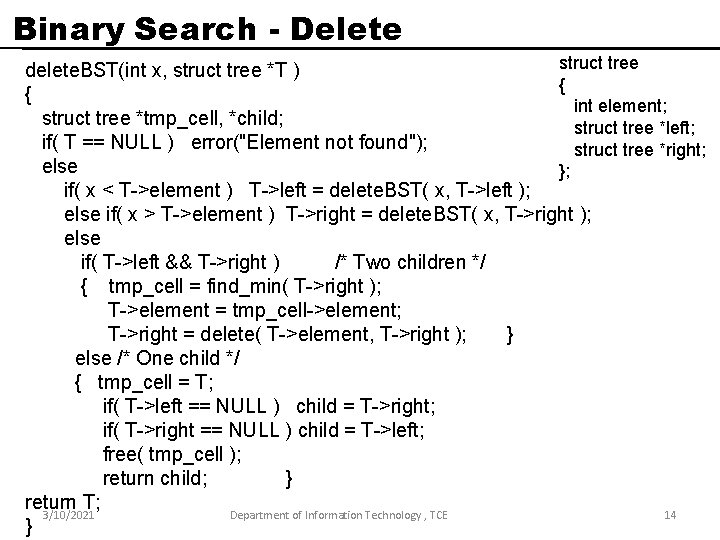 Binary Search - Delete struct tree delete. BST(int x, struct tree *T ) {