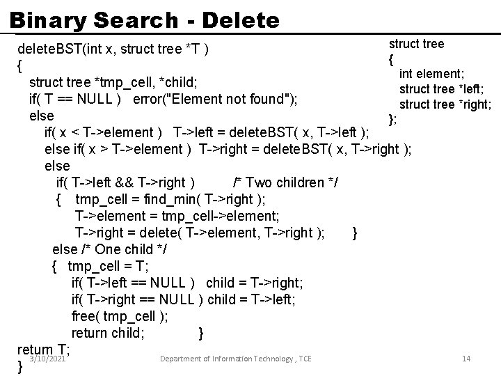 Binary Search - Delete struct tree delete. BST(int x, struct tree *T ) { Binary Search - Delete struct tree delete. BST(int x, struct tree *T ) {