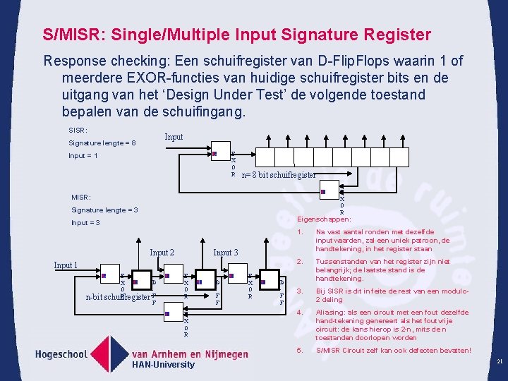 S/MISR: Single/Multiple Input Signature Register Response checking: Een schuifregister van D-Flip. Flops waarin 1